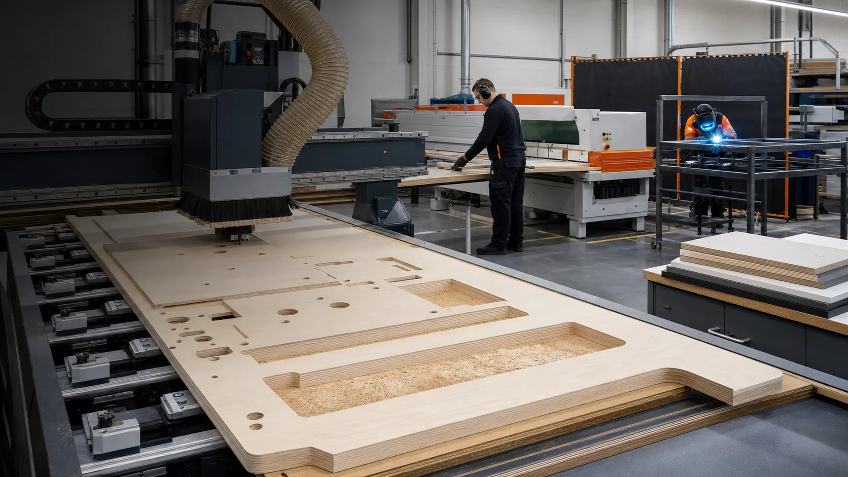 CNC-routed lightweight furniture panels in production